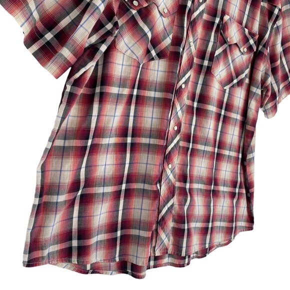Vtg Rustler Wrangler Plaid Pearl Snap Shirt XL Red Short Sleeve Western Rodeo - Picture 10 of 11